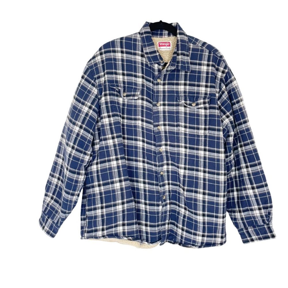 Wrangler Men's Sz 2XL Blue and White Plaid Sherpa Lined Shirt‎ Jacket Shacket